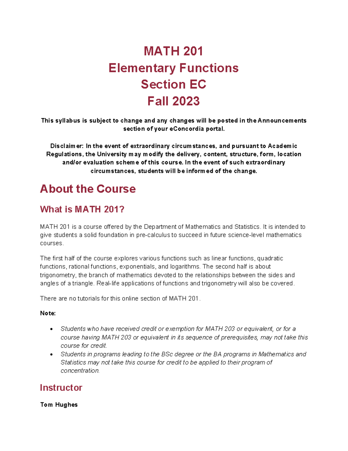 MATH201 EC Syllabus & Course Details for Fall 2023 - Studocu