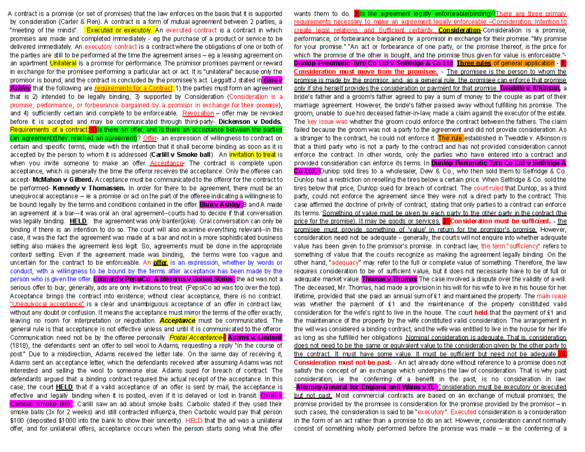 Contract Law Exam Notes (LAW101) - Semester 1 2023 - Studocu