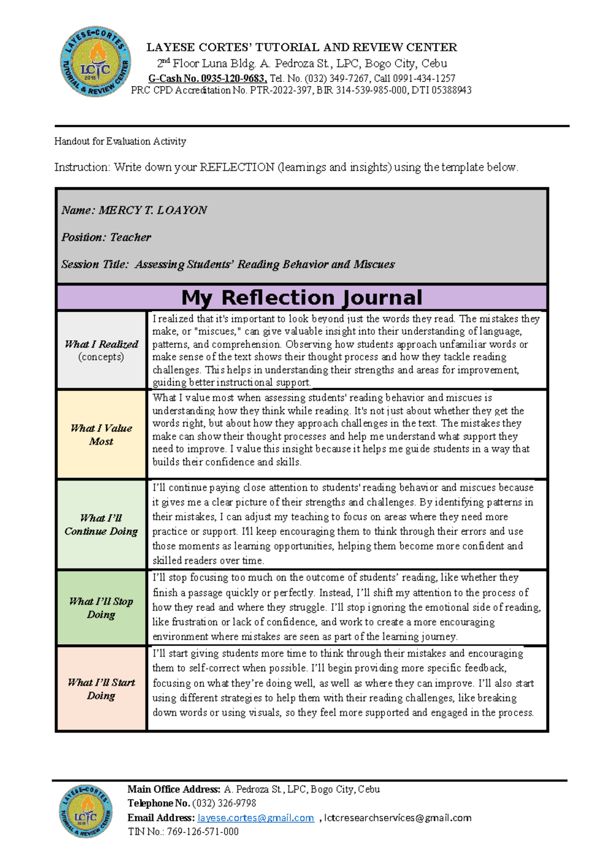 Reflection Journal: Assessing Students’ Reading Behavior - LCTC - Studocu