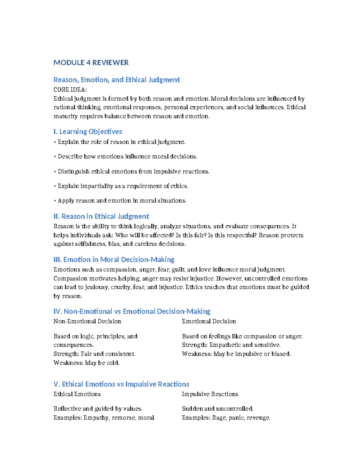 MODULE 4 REVIEWER: Reason, Emotion, and Ethical Judgment - Studocu