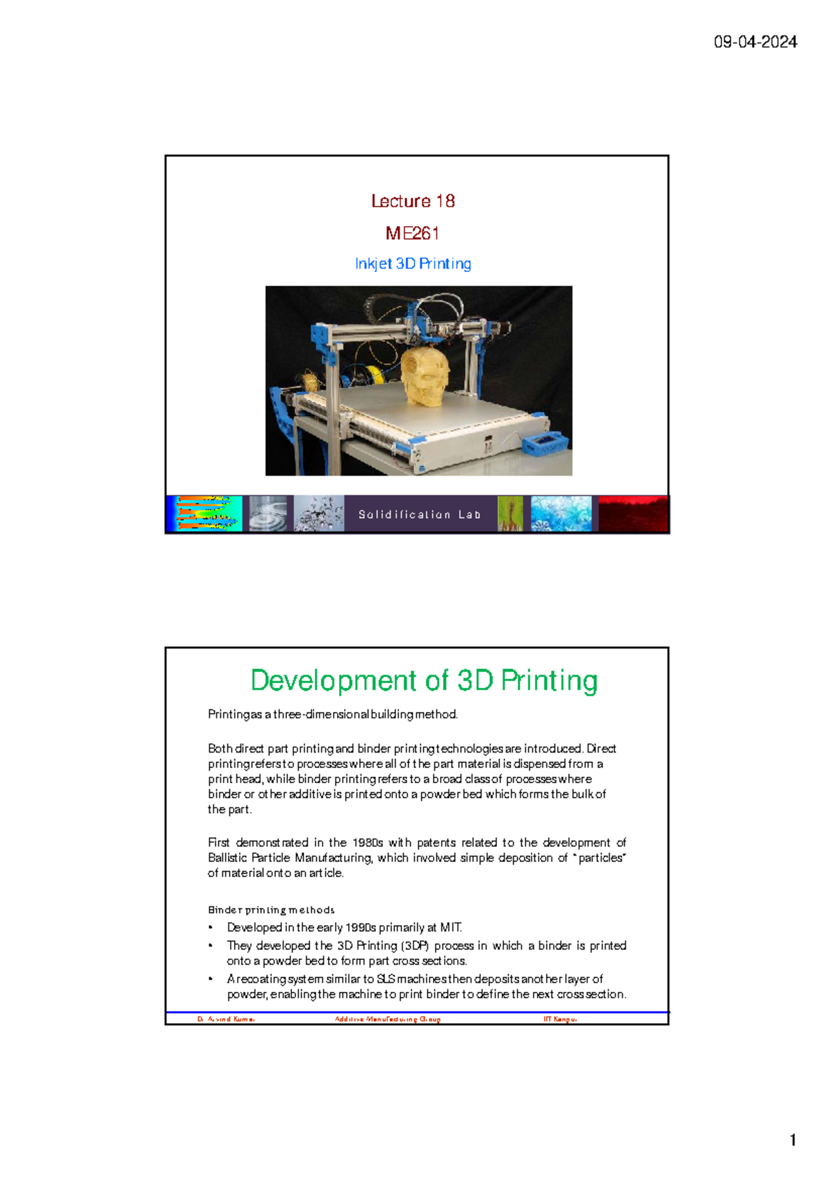 Lecture 18-19 ME261 Inkjet 3D Printing: Solidification & Process ...