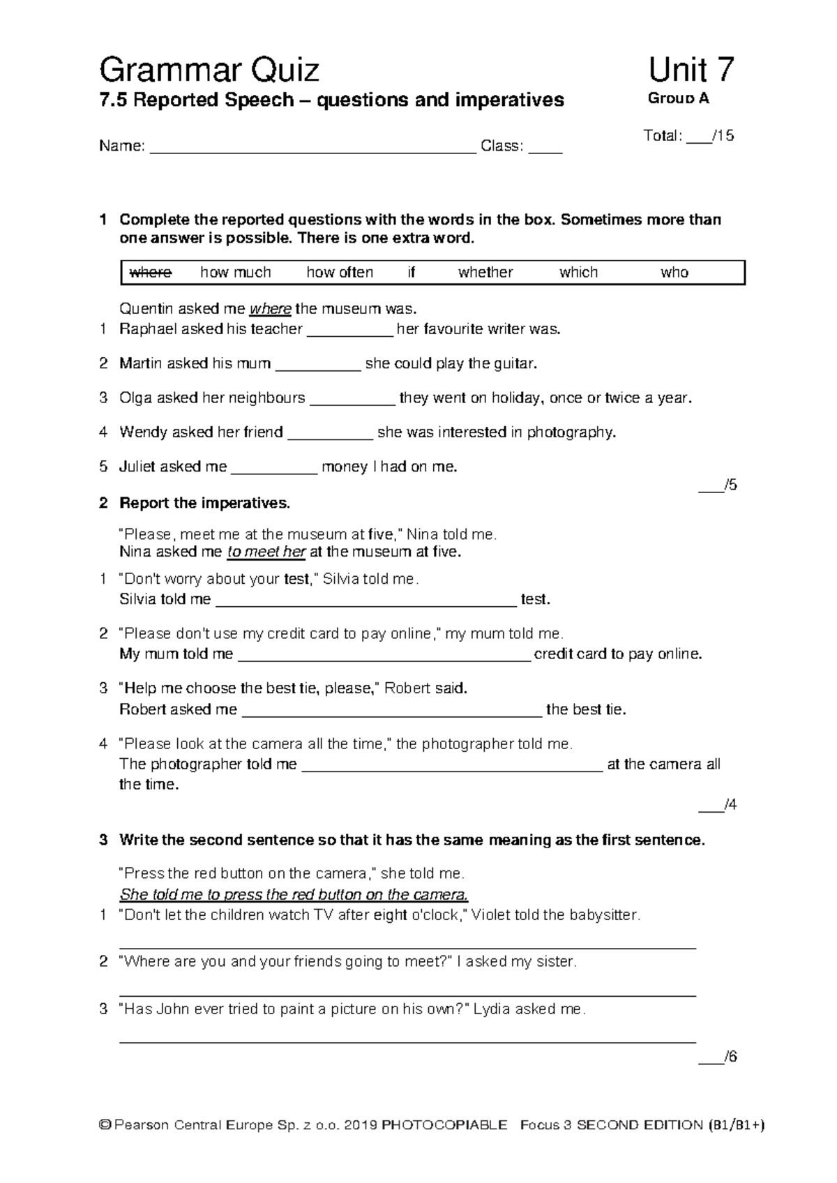 Focus 3 2E Grammar Quiz Unit 7.5 Group A - Reported Speech - Studocu