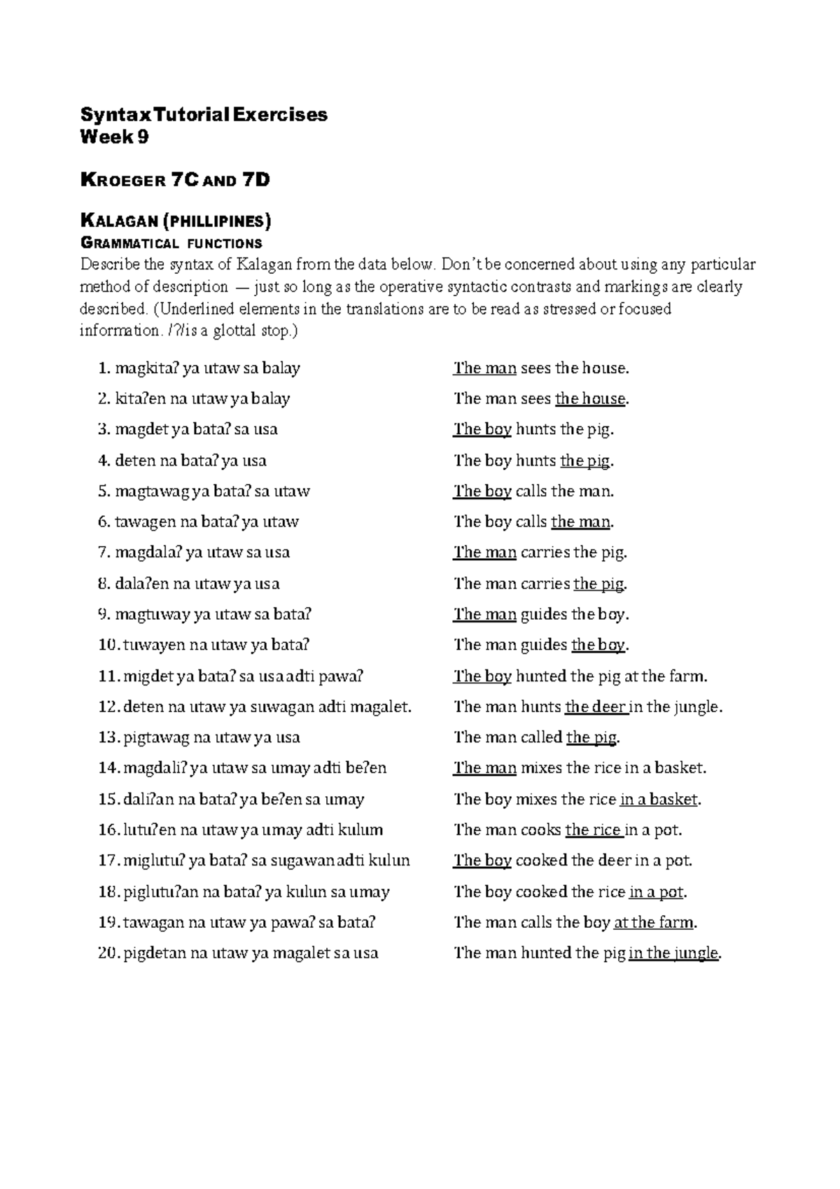 Syntax Tutorial Exercises Week 9: Kalagan & Yidiny Analysis - Studocu