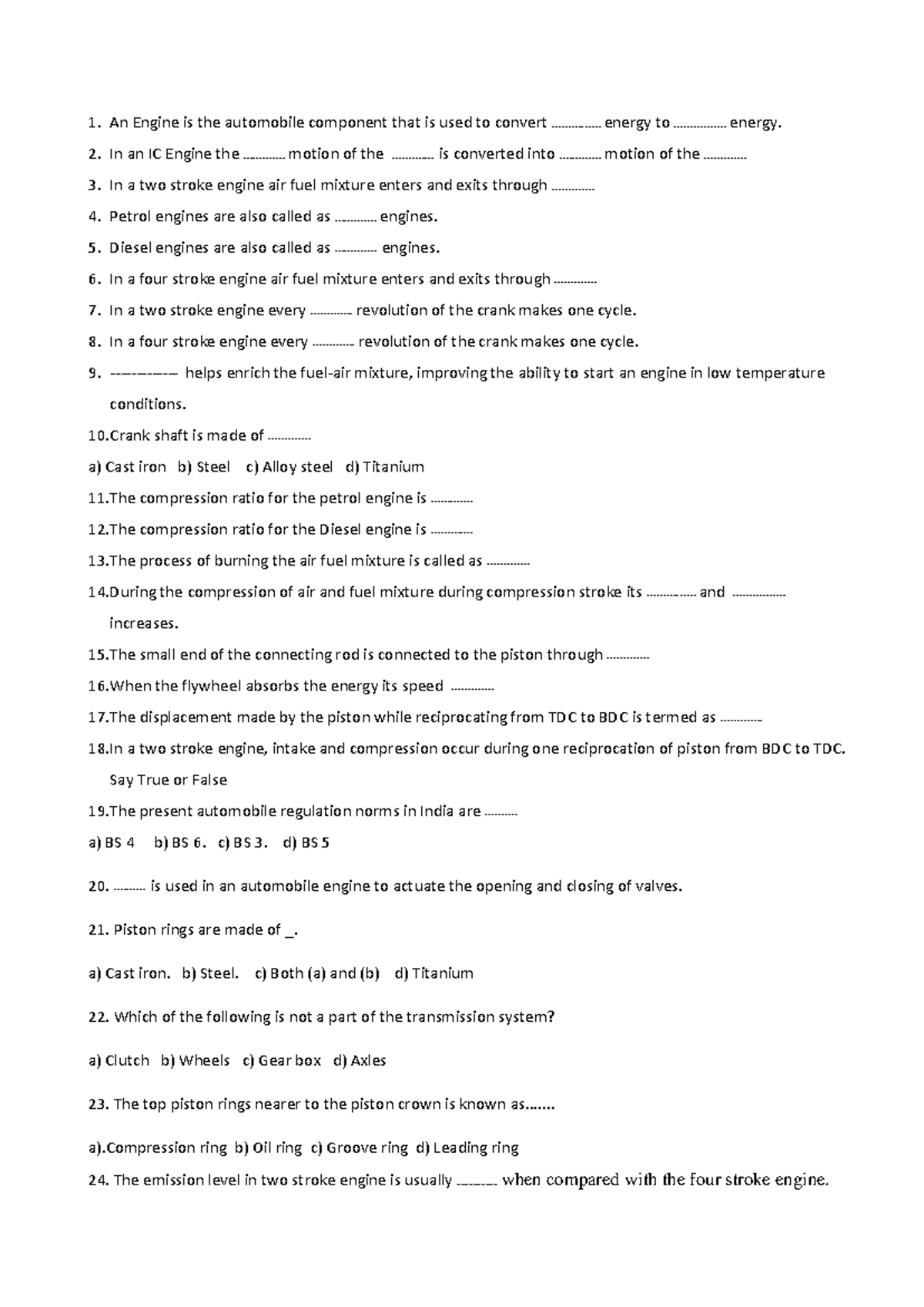 Engine Lab Question Bank - 1. An Engine is the automobile component ...