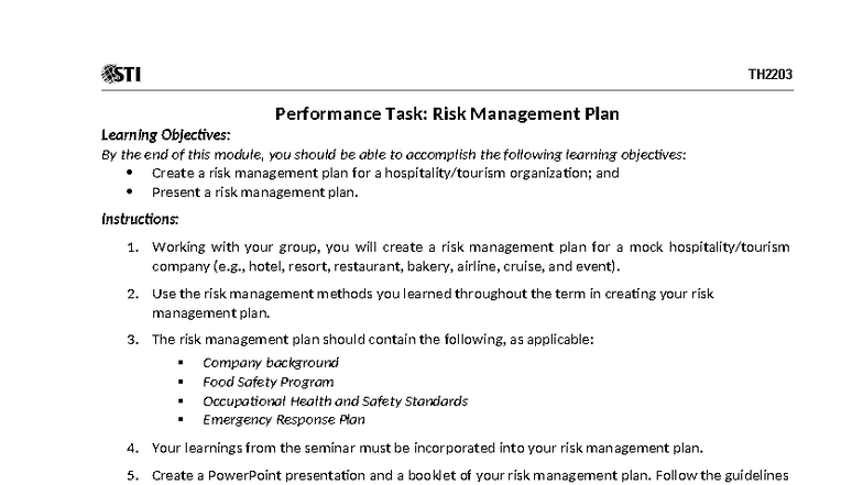 TH2203 Performance Task: Risk Management Plan Guidelines - Studocu