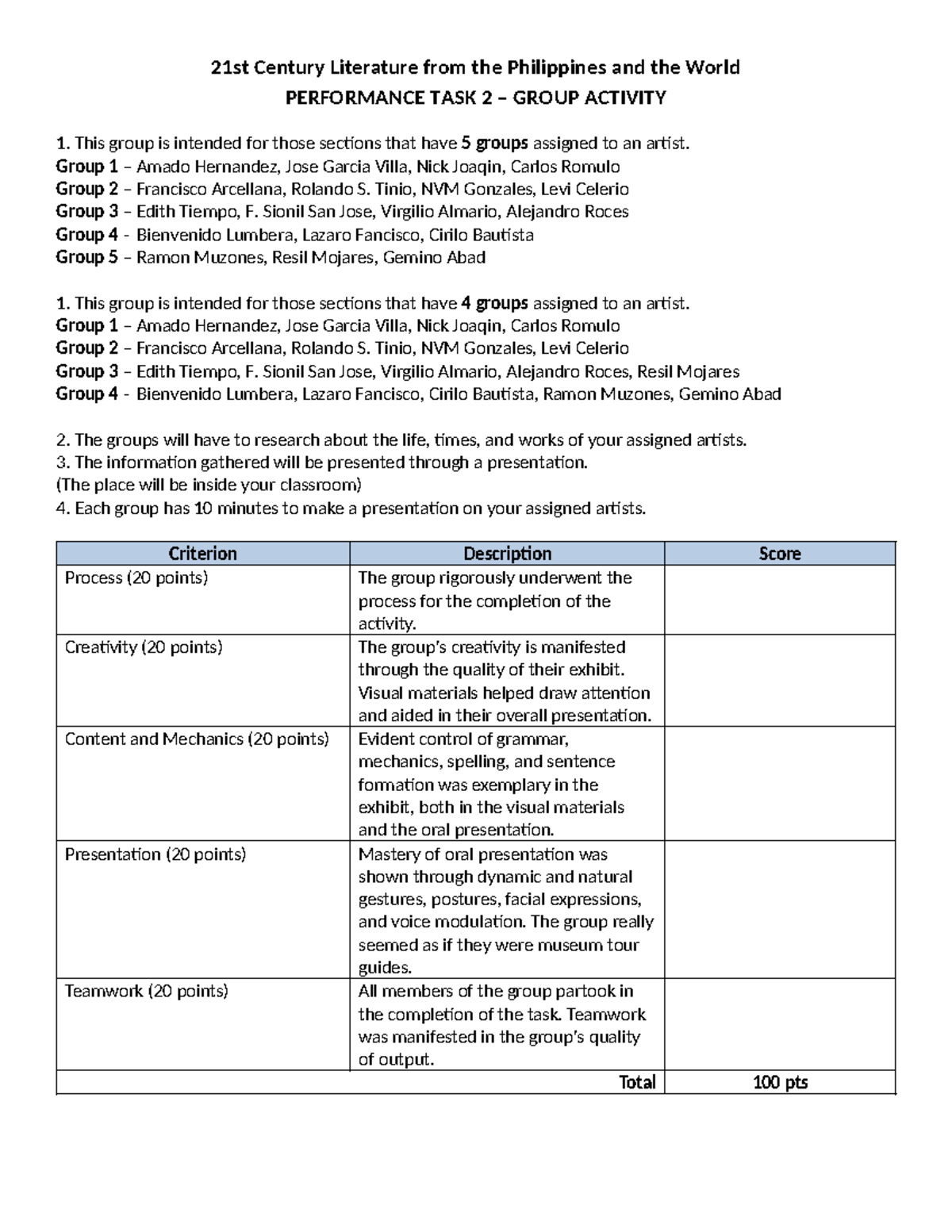 21st Century Literature from the Philippines: Performance Task 2 Group ...