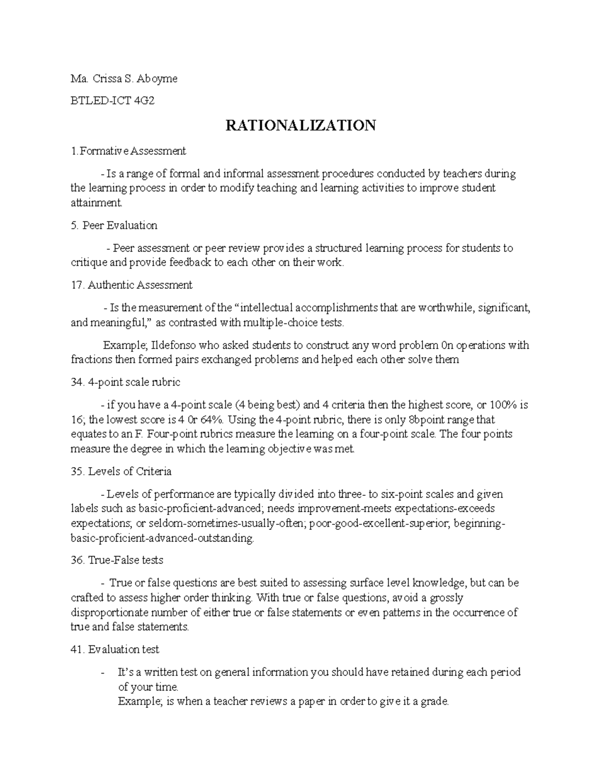 Rationalization Concepts in Assessment: LE2 BTLED-ICT 4G Notes - Studocu