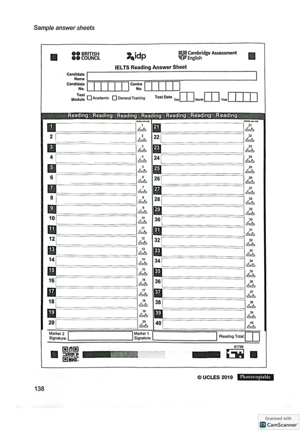 IELTS Reading Answer Sheet - Cambridge Assessment English - Studocu