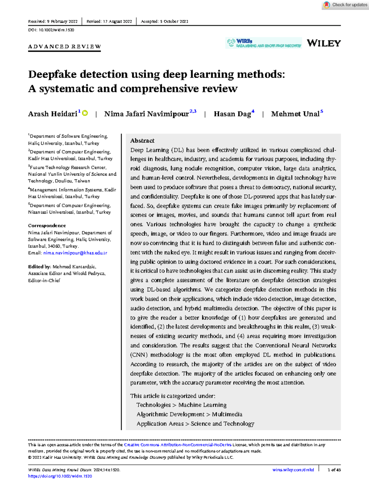 WIREs Data Min Knowl - 2023 - Heidari - Systematic Review of Deepfake ...