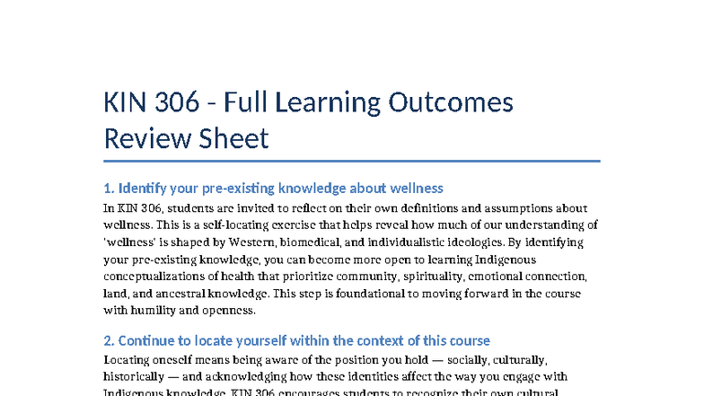KIN 306 Review Sheet: Understanding Wellness & Indigenous Knowledge ...