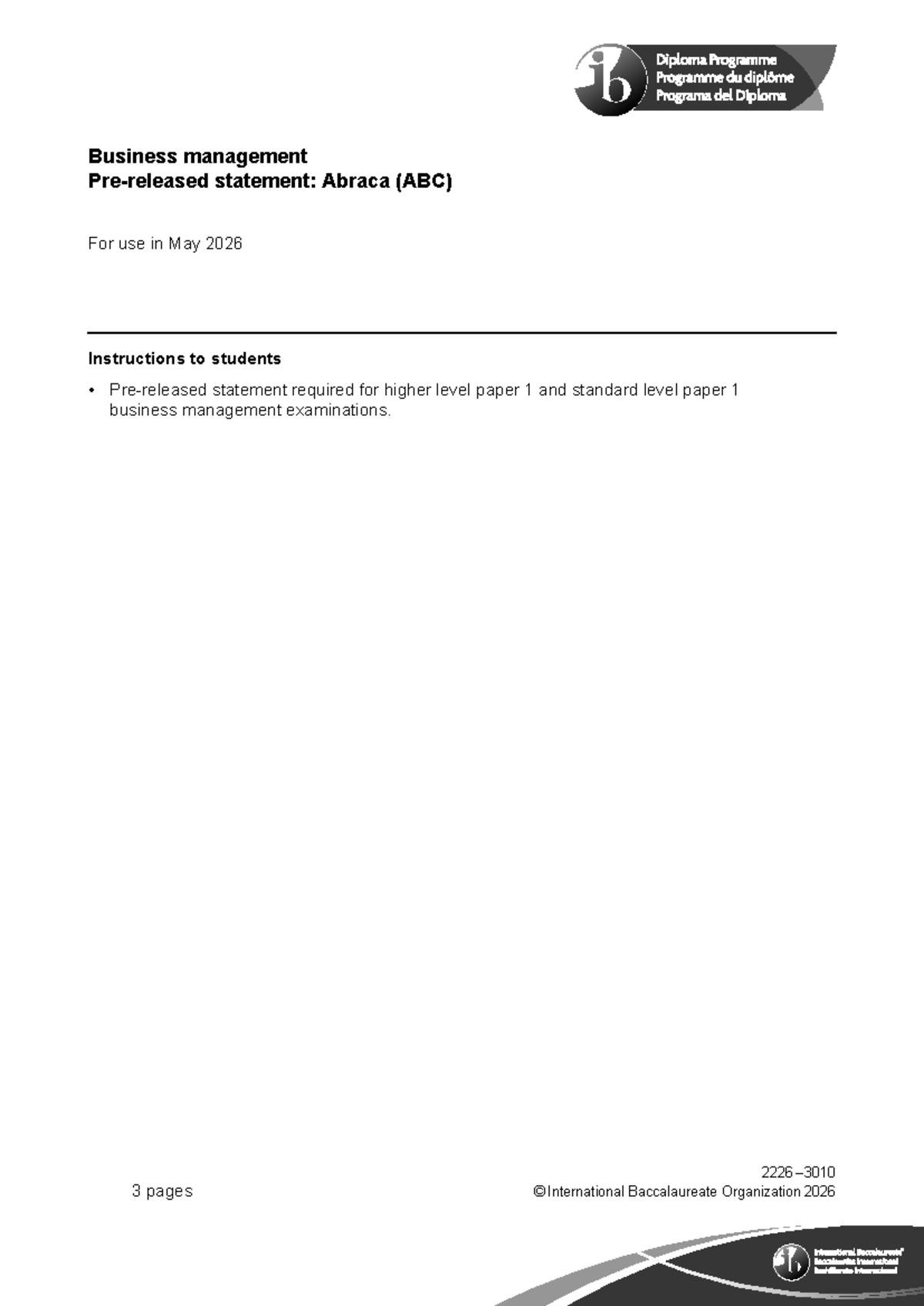 Business Management Paper 1 Preseen: Abraca (ABC) for May 2026 - Studocu