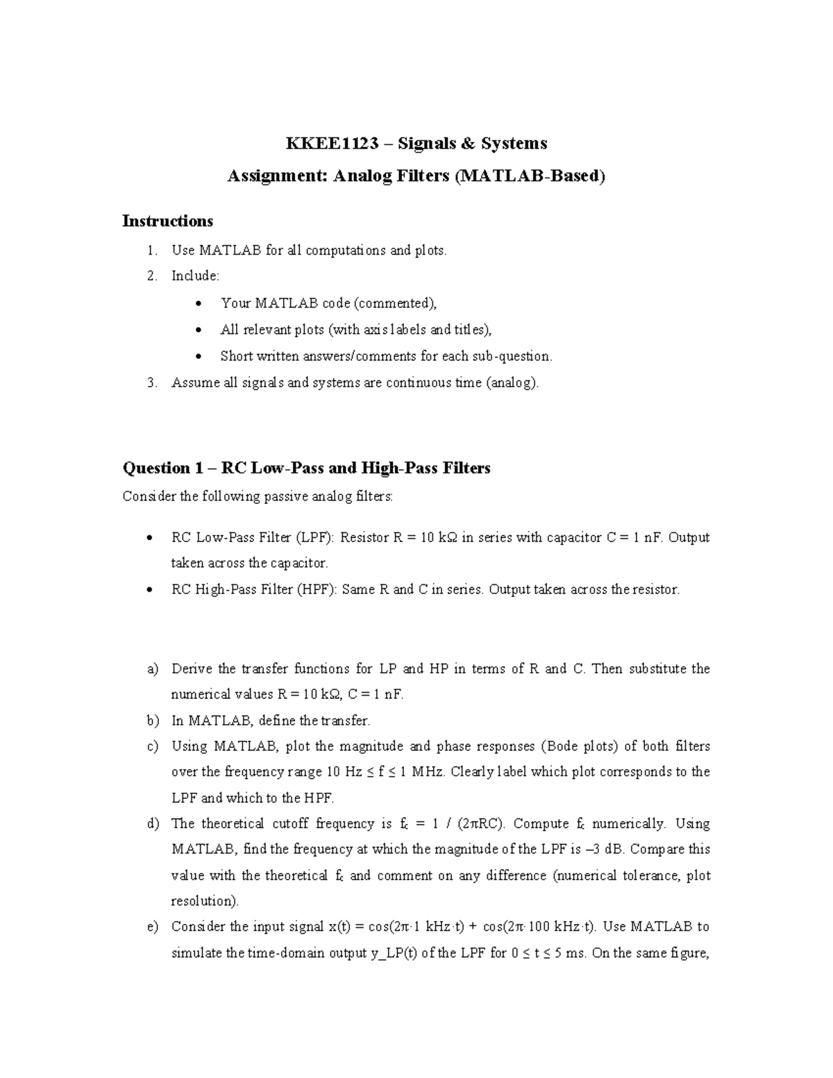 KKEE1123 Signals Systems Assignment: Analog Filter Design and Analysis ...