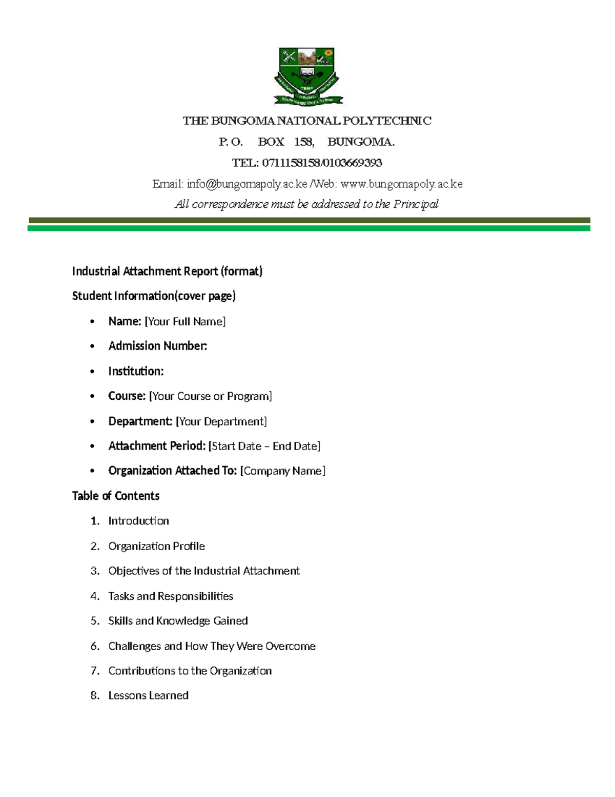 Industrial Attachment Report Format - The Bungoma National Polytechnic ...