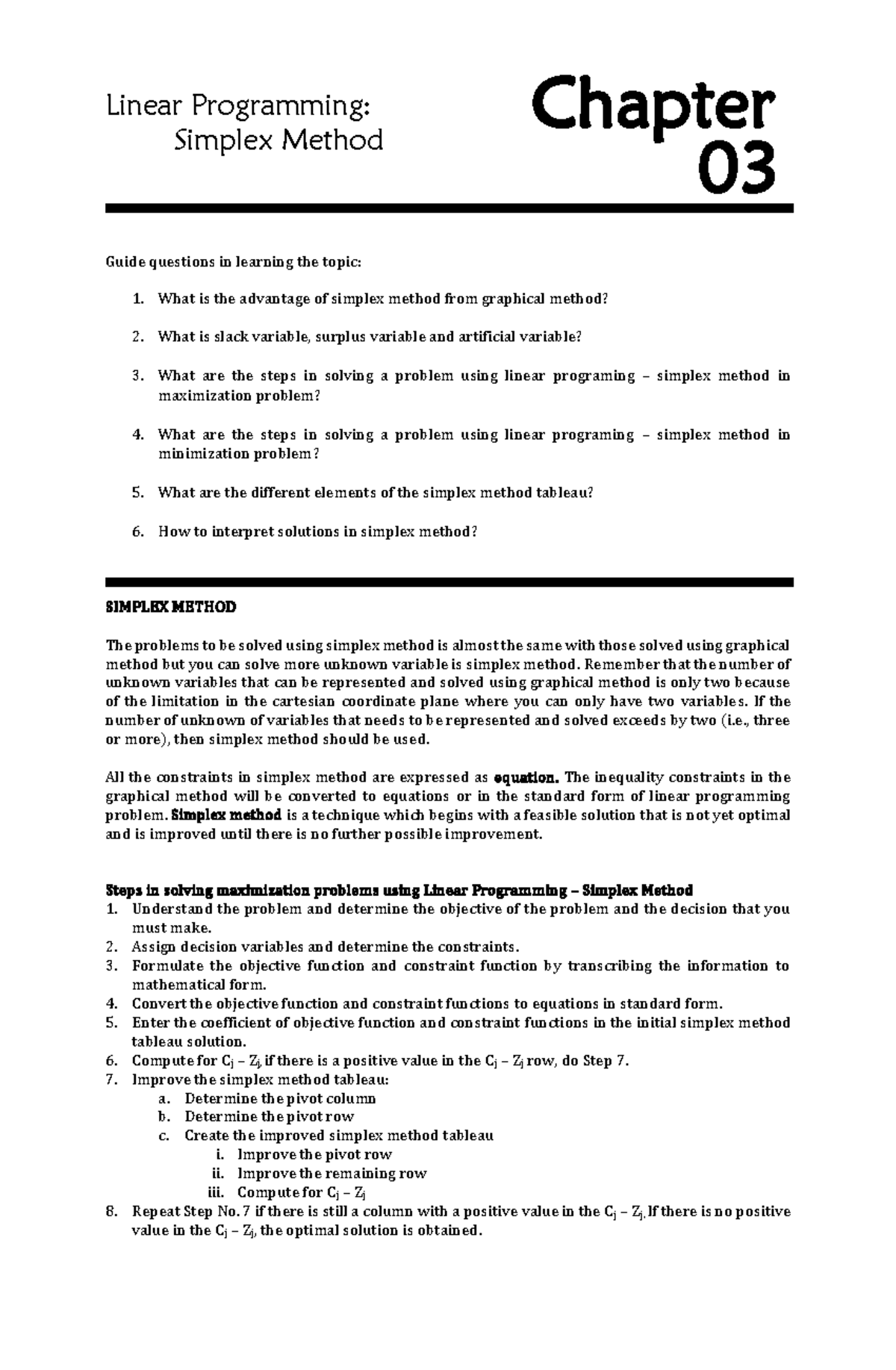 Chapter 03: Linear Programming and the Simplex Method Guide - Studocu