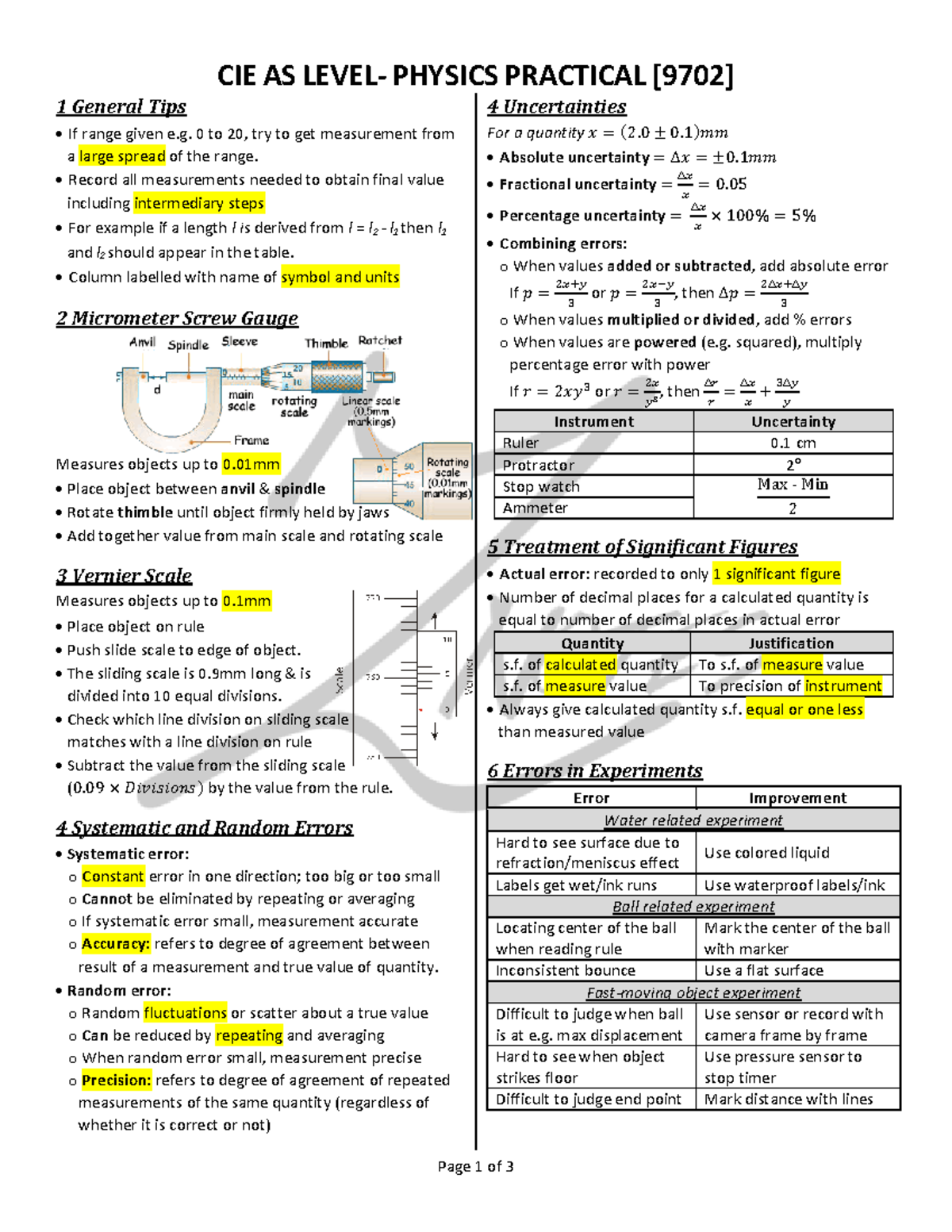 CIE AS Physics Practical Notes for 9702: Tips and Error Management ...