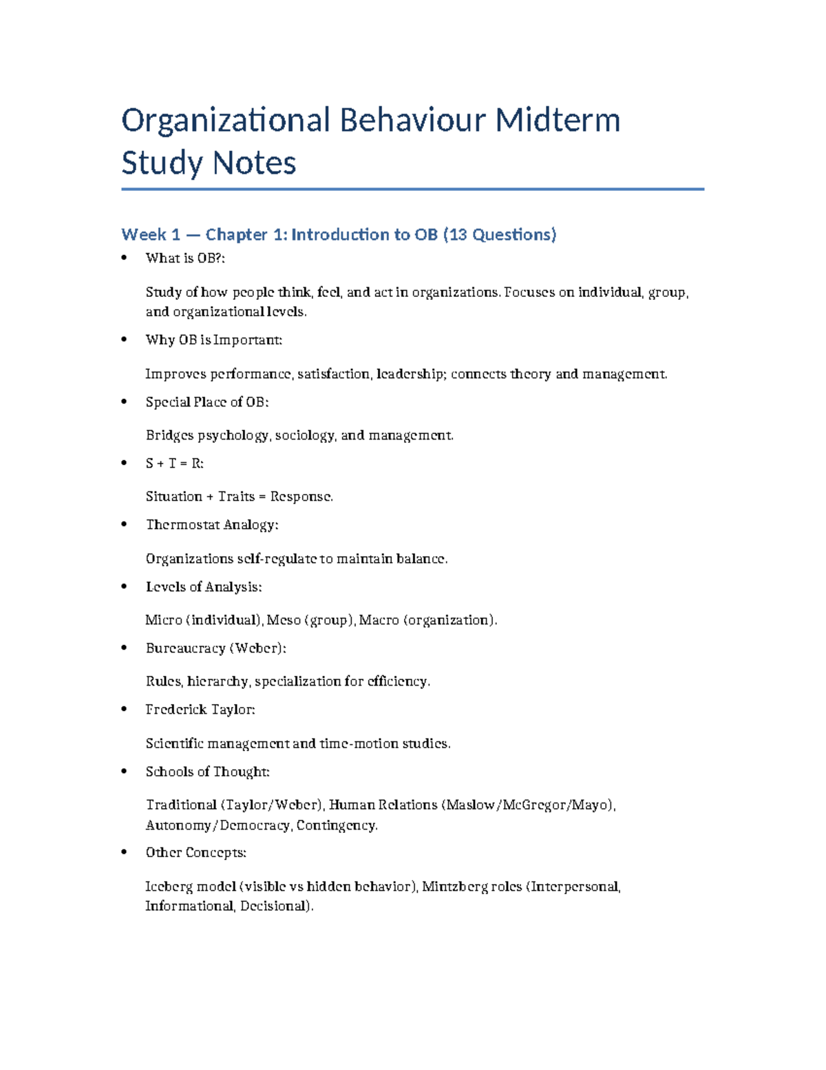 Organizational Behaviour (OB) Midterm Study Notes: Key Concepts ...