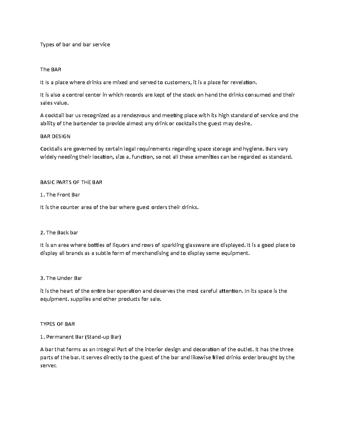 Types of Bars and Bar Service in Hospitality Industry - Studocu