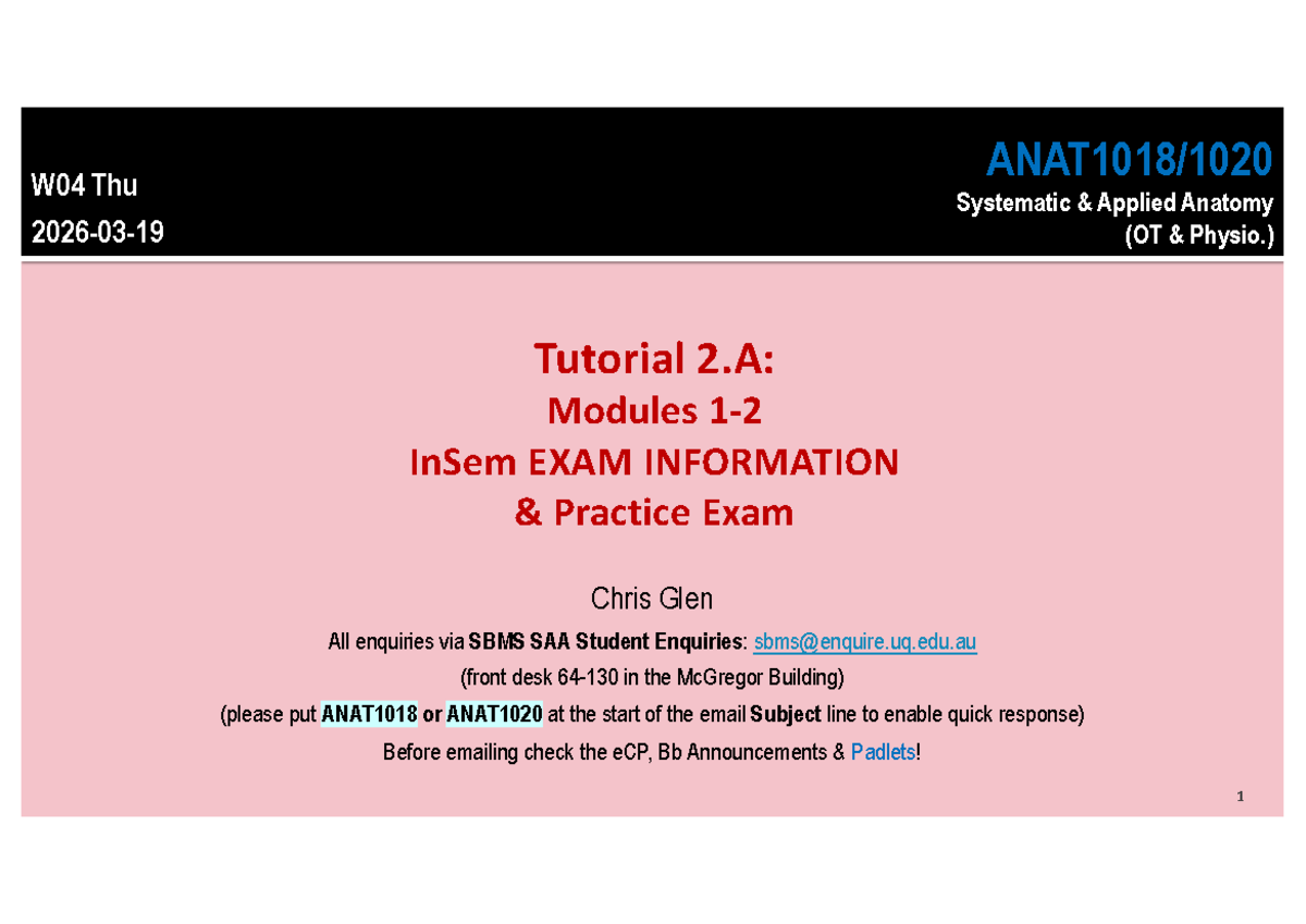 ANAT1018/1020 InSem Exam Info & Practice Exam Guide - Studocu