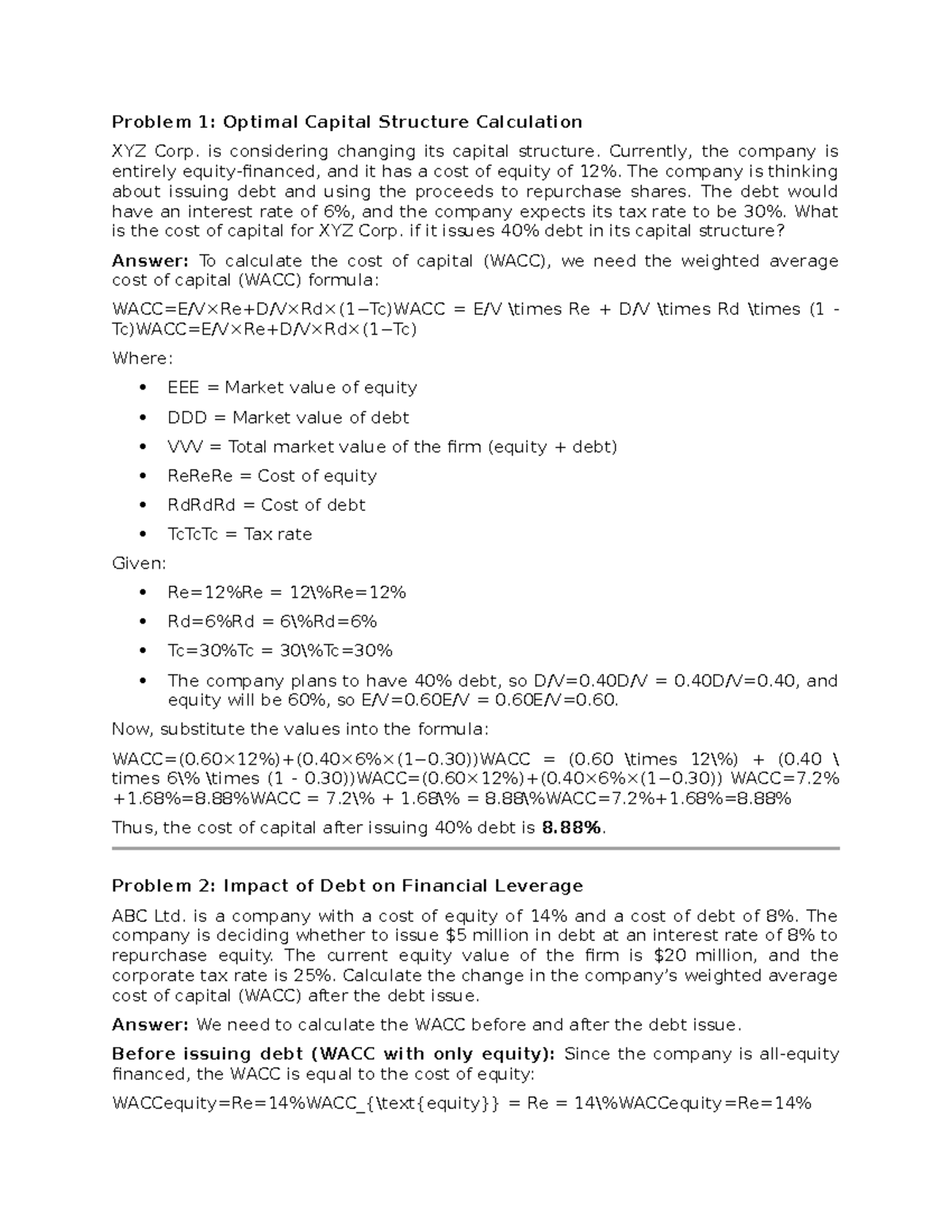 Practice problems - Problem 1: Optimal Capital Structure Calculation ...