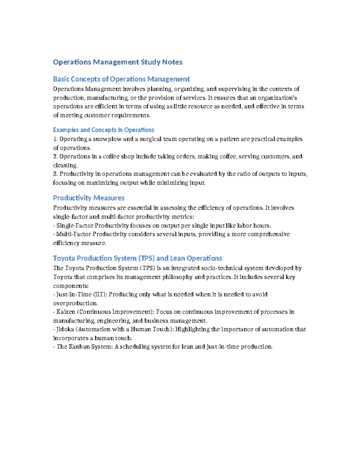 Operations Management Study Notes: Key Concepts & TPS Insights - Studocu