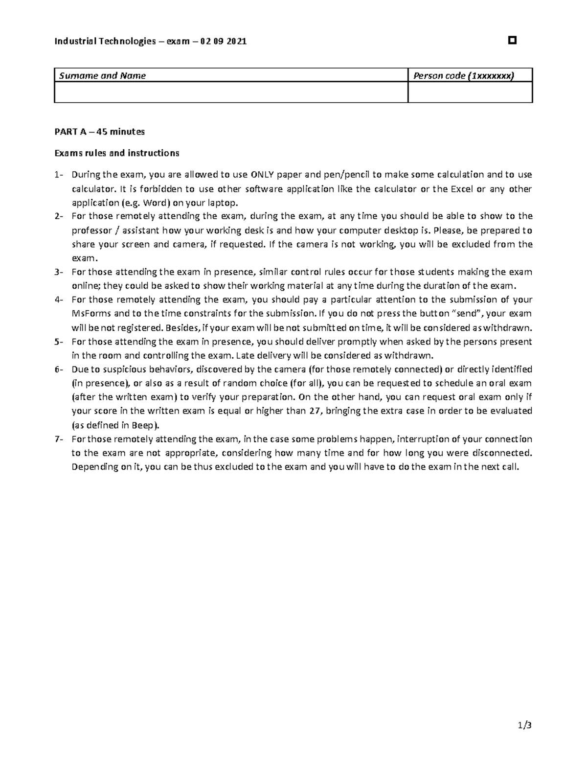 Industrial Technologies Exam 02/09/2021 - Part A Instructions and ...