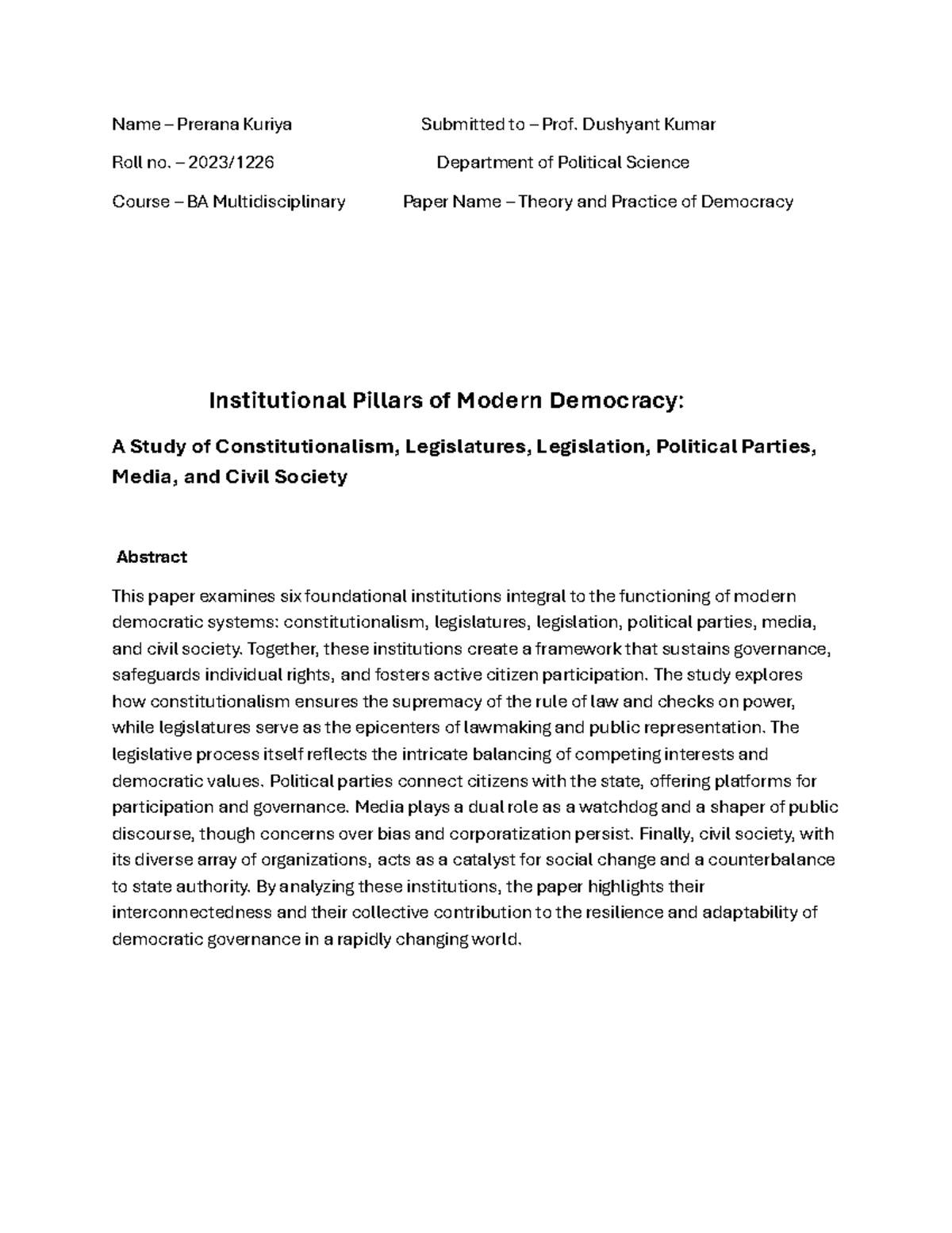 BA Multidisciplinary Project: Institutional Pillars of Democracy - Studocu