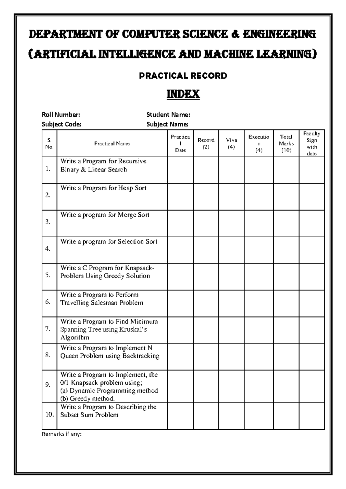 DAA - Thanks - PRACTICAL RECORD Index Roll Number: Student Name ...