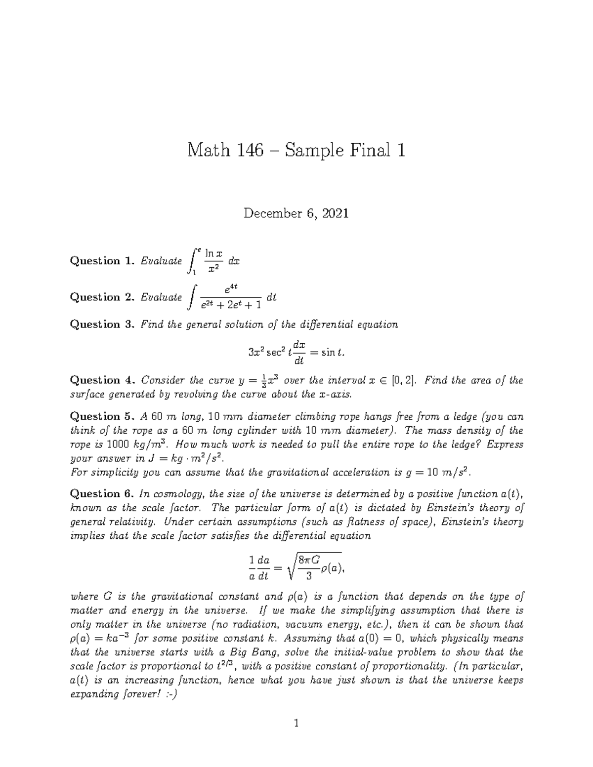 Math 146 – Sample Final Exam Questions & Solutions - Studocu