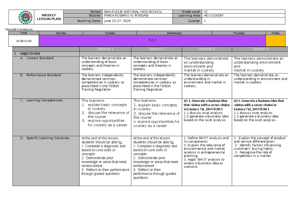 Weekly Lesson Plan Q1 - Week 2: Cookery 12 - Studocu