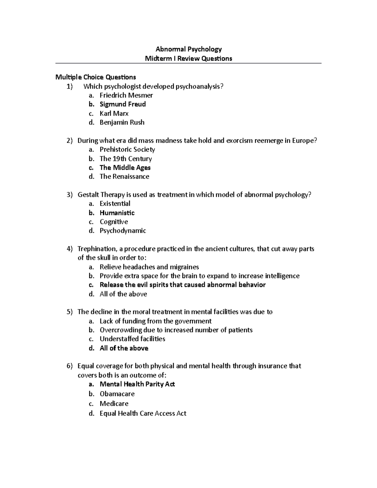 Abnormal Psychology: Midterm I Review Questions (Chapter Exam) - Studocu