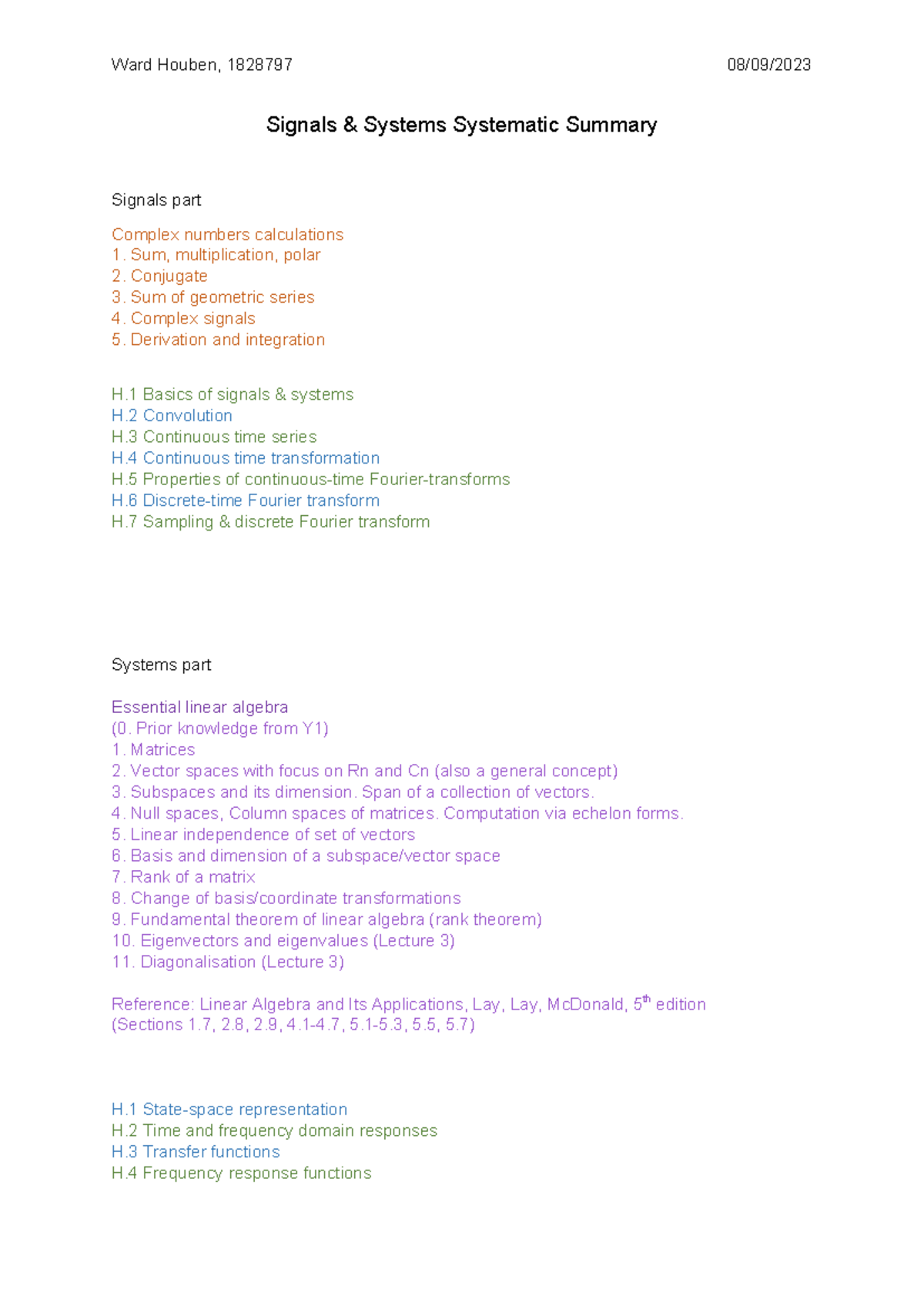 Signals & Systems Summary: Complex Numbers & Linear Algebra (1828797 ...