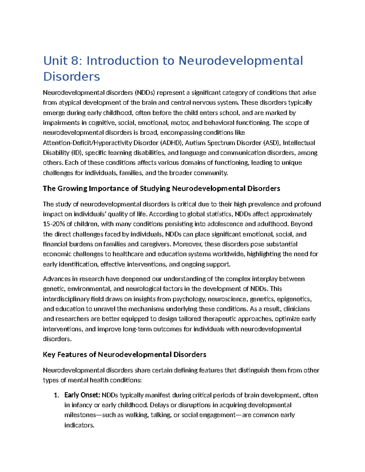 Unit 8: Overview and Importance of Neurodevelopmental Disorders - Studocu