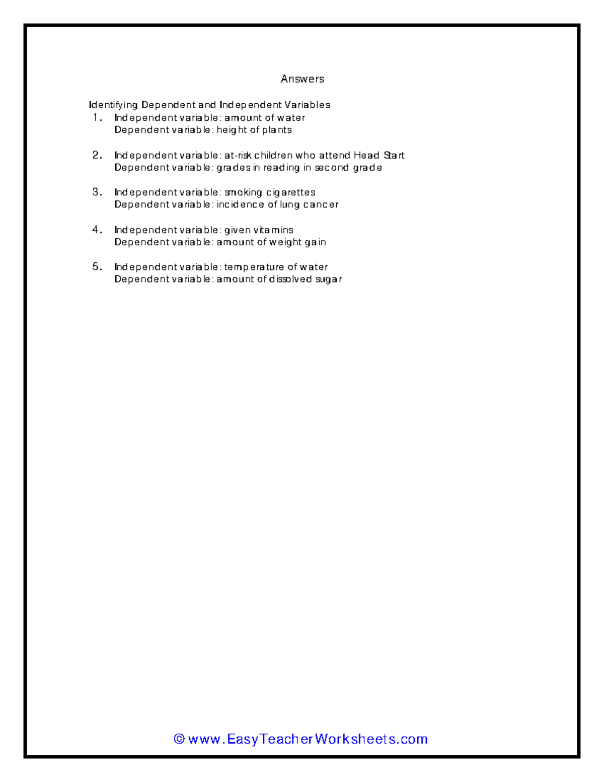 Answer key 1 dependent vs independent vaariable activity 2 - ©EasyTeacherWorksheets Answers ...