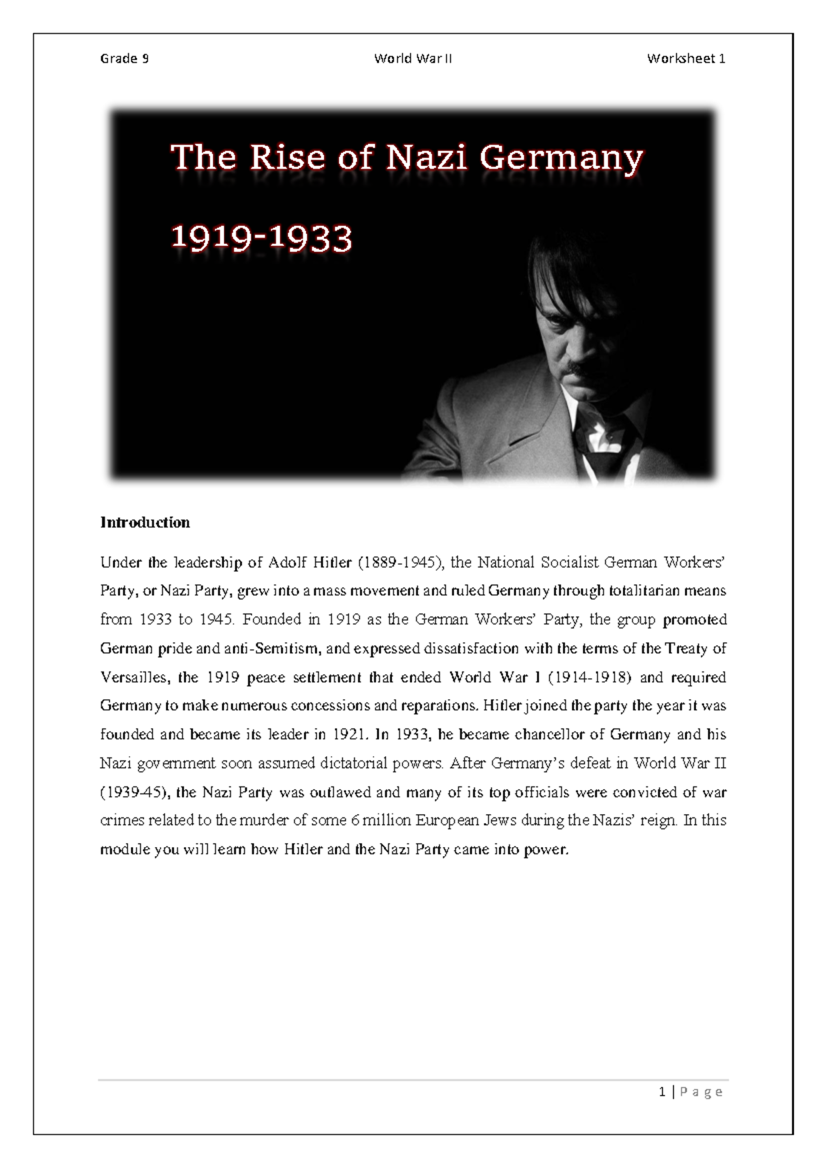 Grade 9 World War II Worksheet 1: The Rise of Nazi Germany - Studocu
