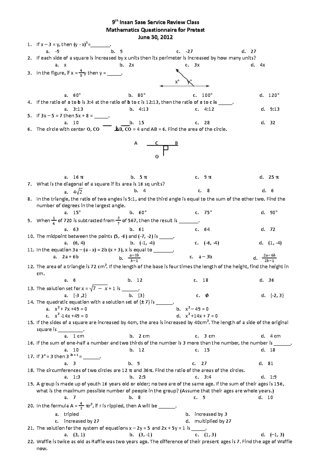 Pre-Sase-Math - Practice problems - 9 th Insan Sase Service Review ...