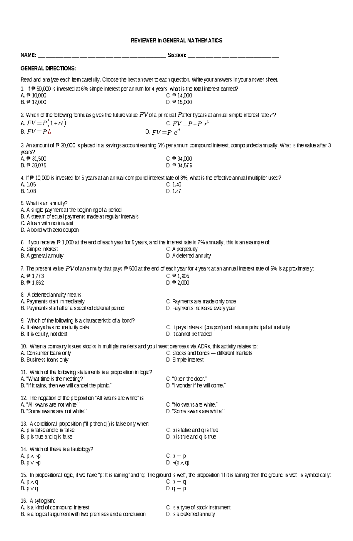 Genmath - General Mathematics Reviewer for Exam Preparation - Studocu