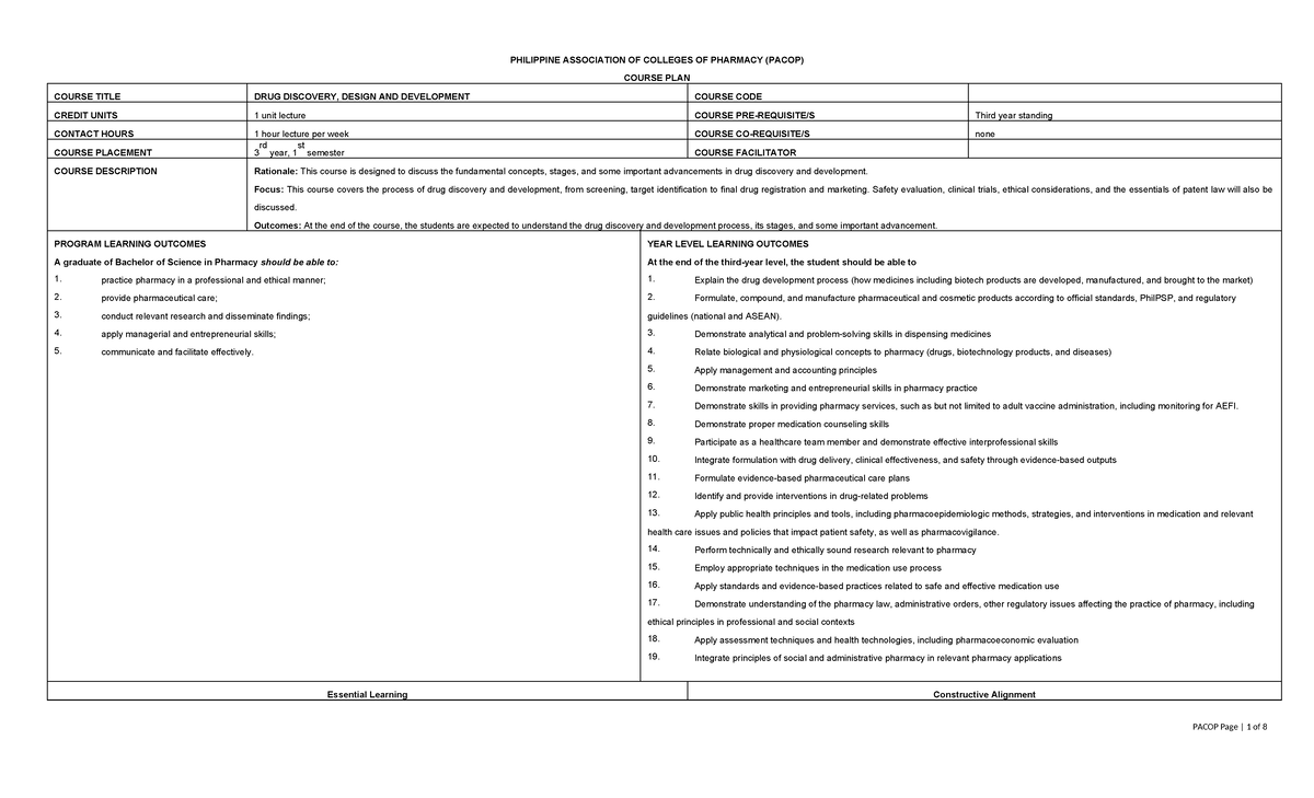 PACOP 3rd Year Drug Discovery, Design & Development Course Plan - Studocu