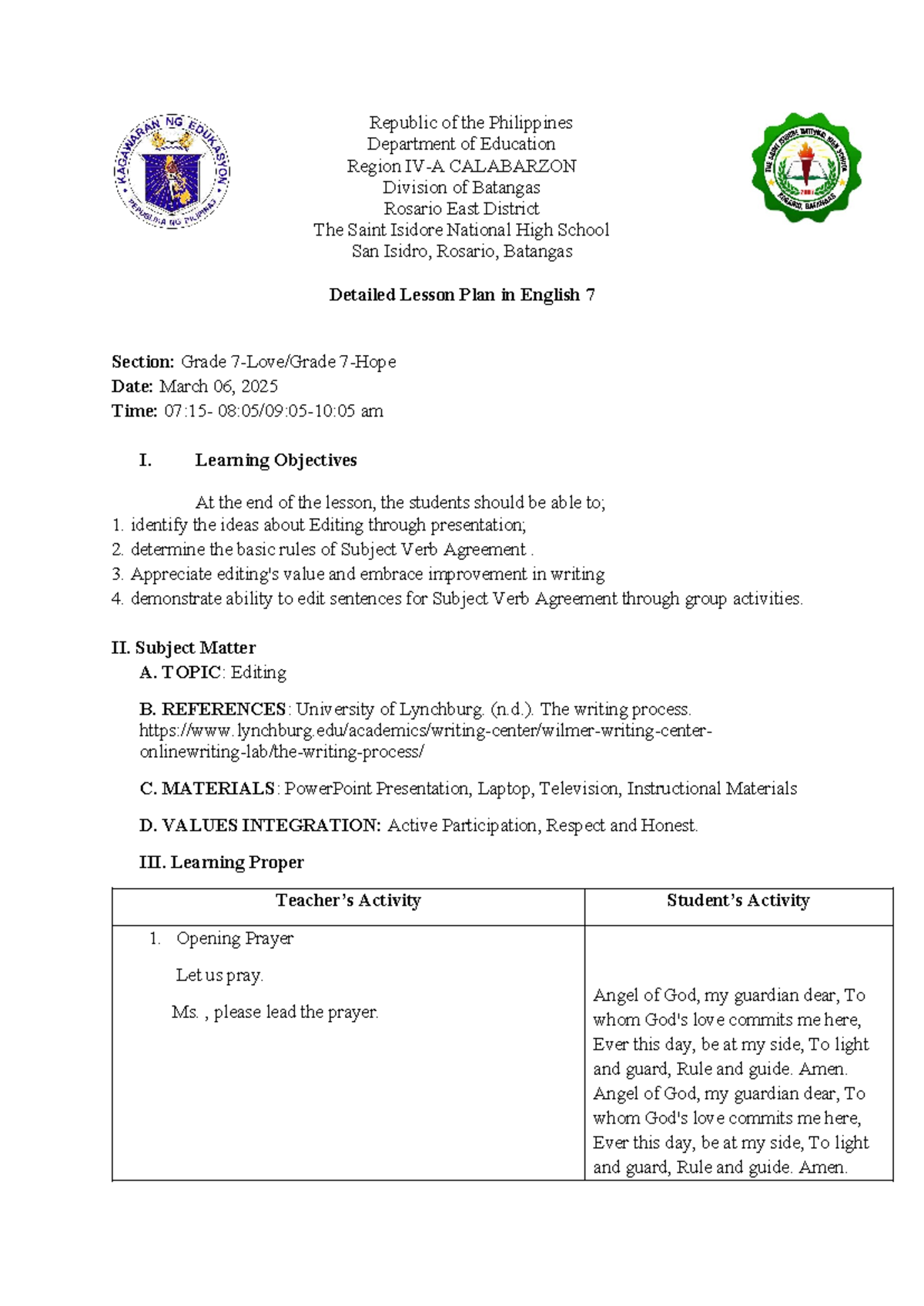 Detailed Lesson Plan on Editing for English 7 (LP) - Studocu