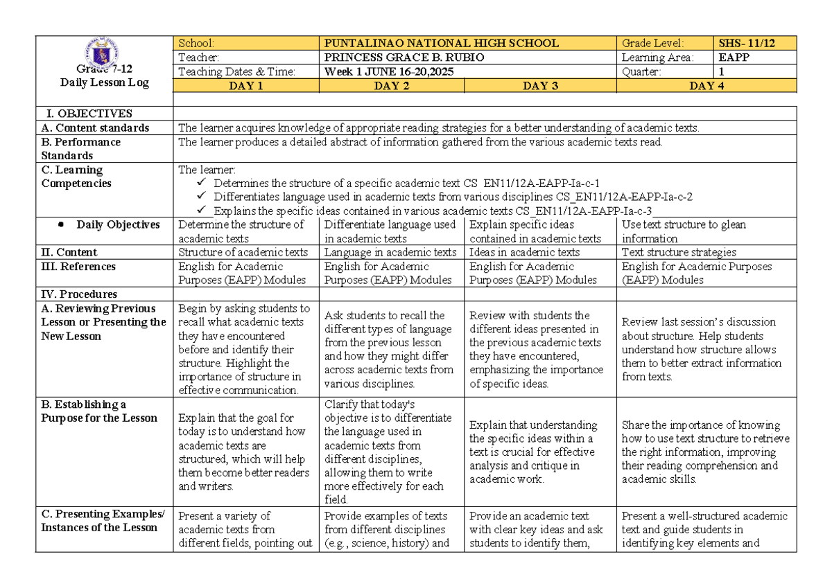 EAPP 1st Quarter Week 1 Lesson Plan: Understanding Academic Texts - Studocu