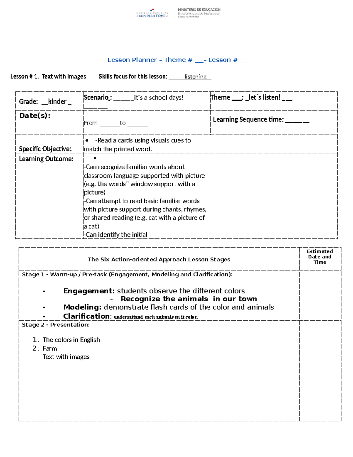 Kinder Reading Lesson Plan: Theme 1 - Colors & Animals - Studocu