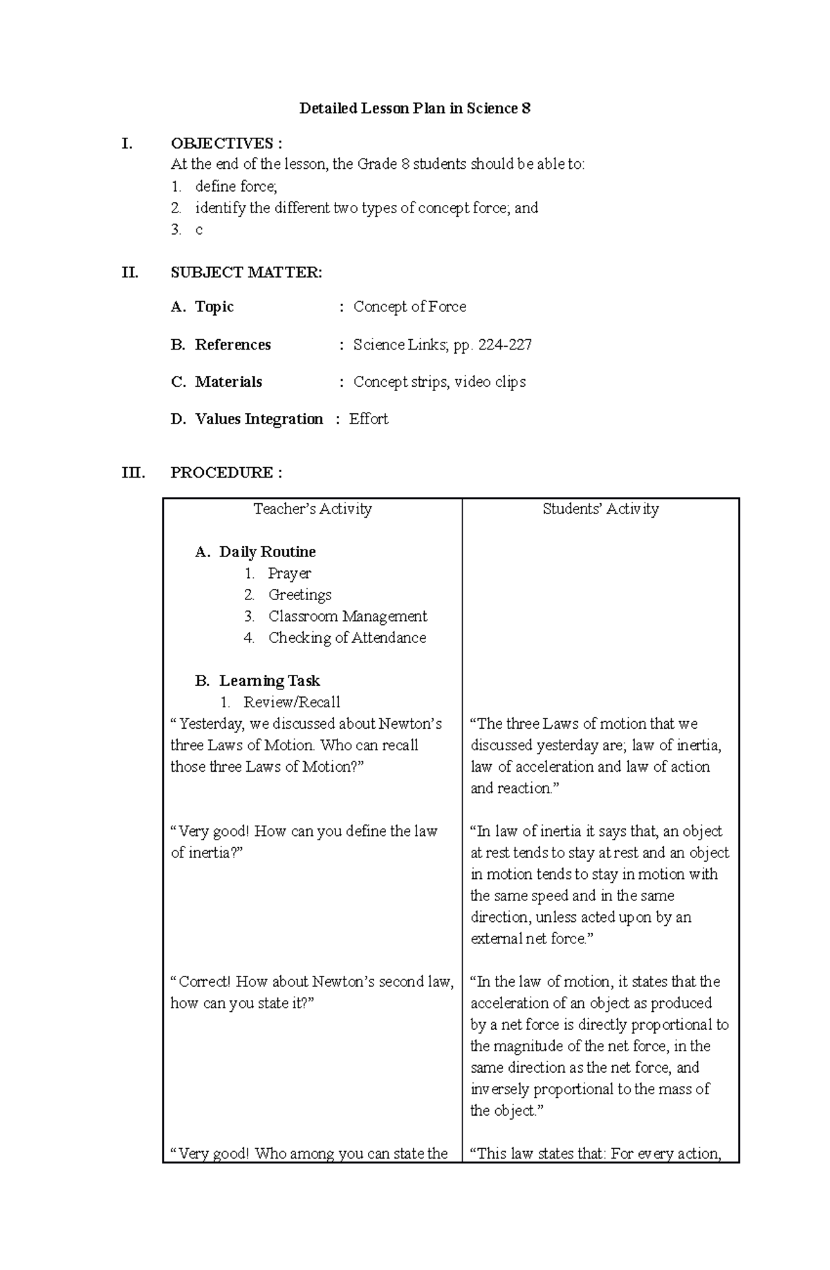 Teaching Reflection on Concept of Force - Science 8 Lesson Plan - Studocu