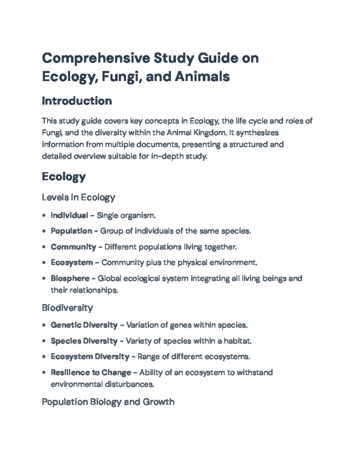 Comprehensive Study Guide on Ecology, Fungi, and Animals ...