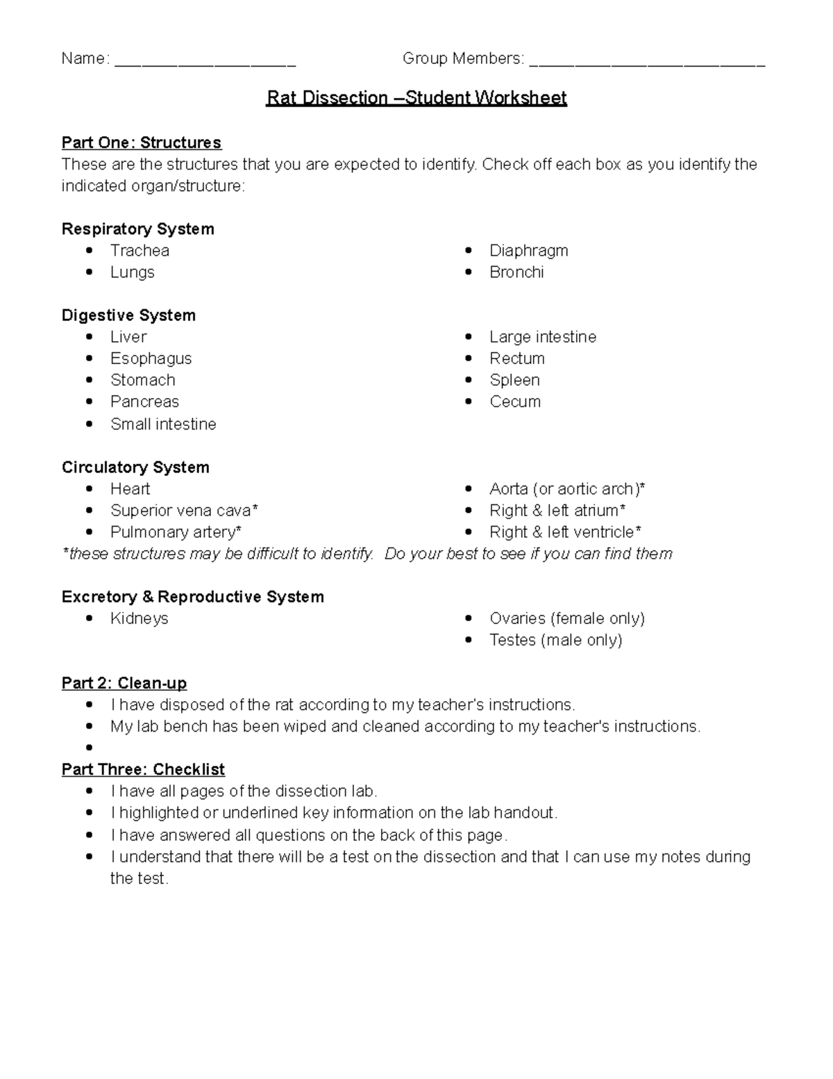 Rat Dissection Worksheet: Identifying Structures and Checklist - Studocu