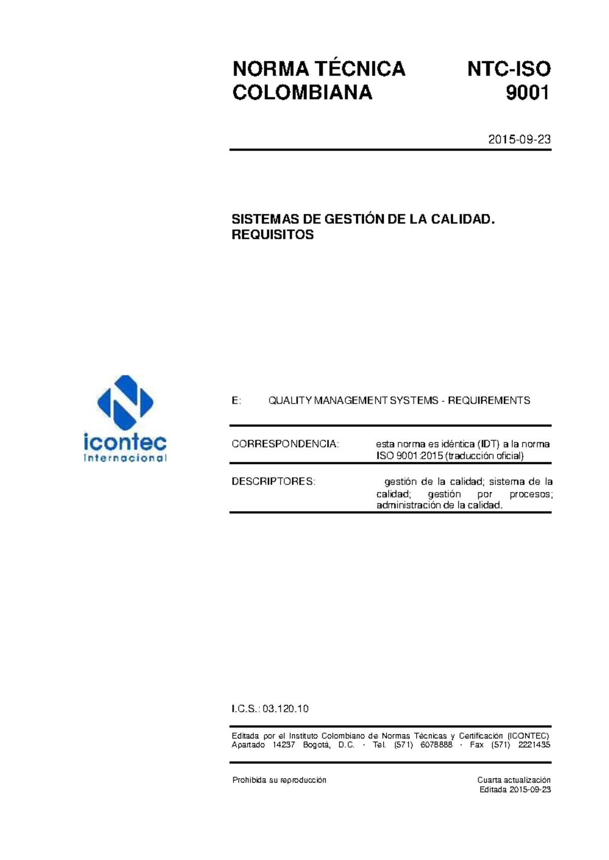 NTC-ISO 9001:2015 Icontec - Sistemas de Gestión de la Calidad - Studocu