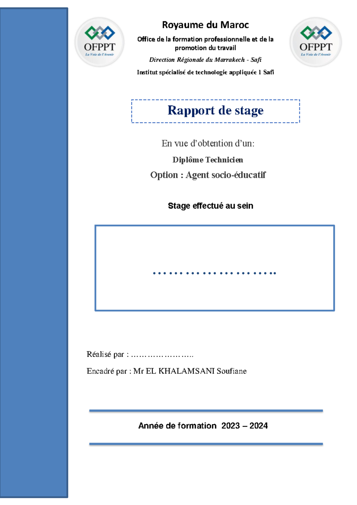 Exemple De Rapport De Stage Page De Garde Ofppt Exemple