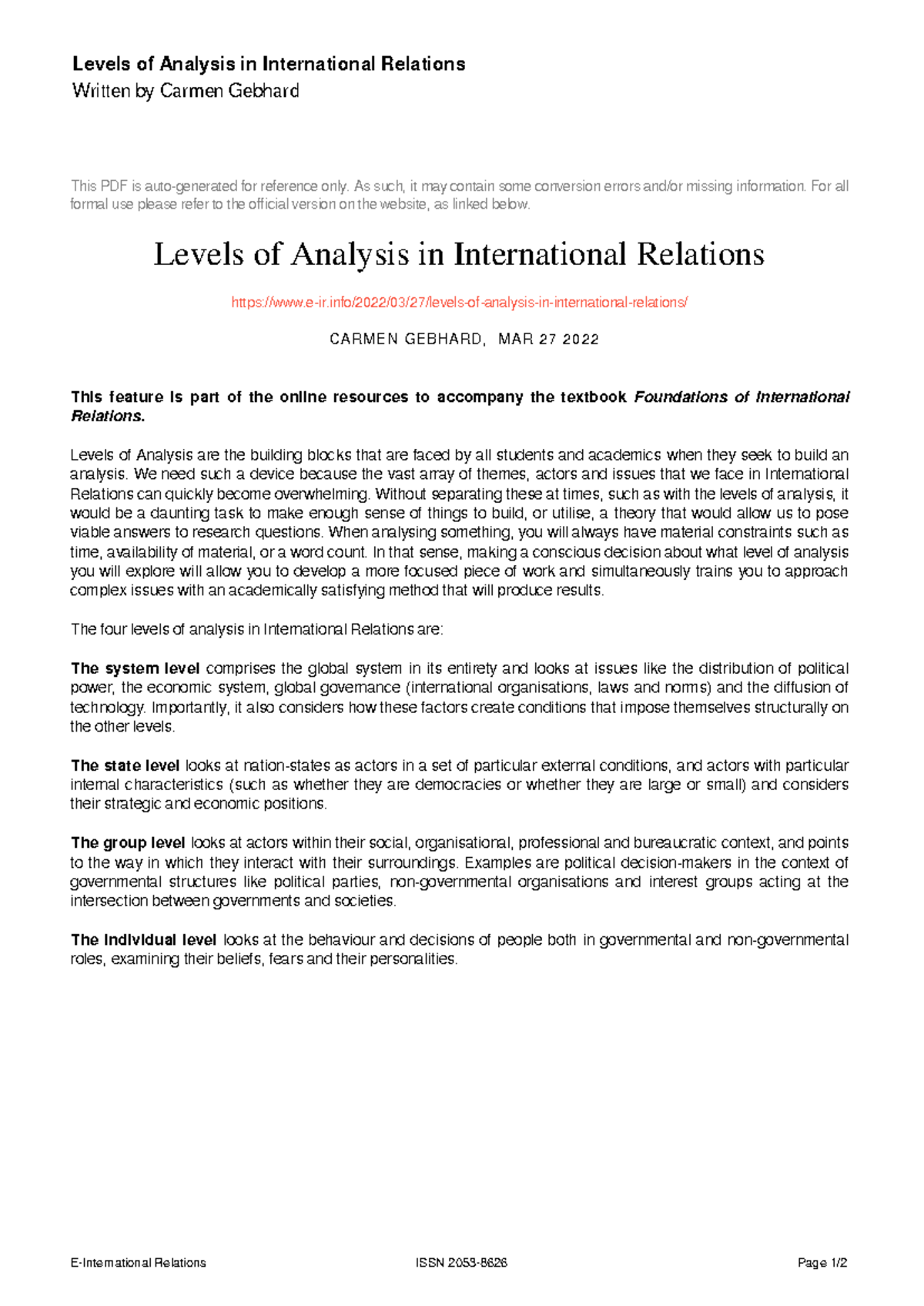 Levels of Analysis in International Relations: An Overview (IR 101 ...