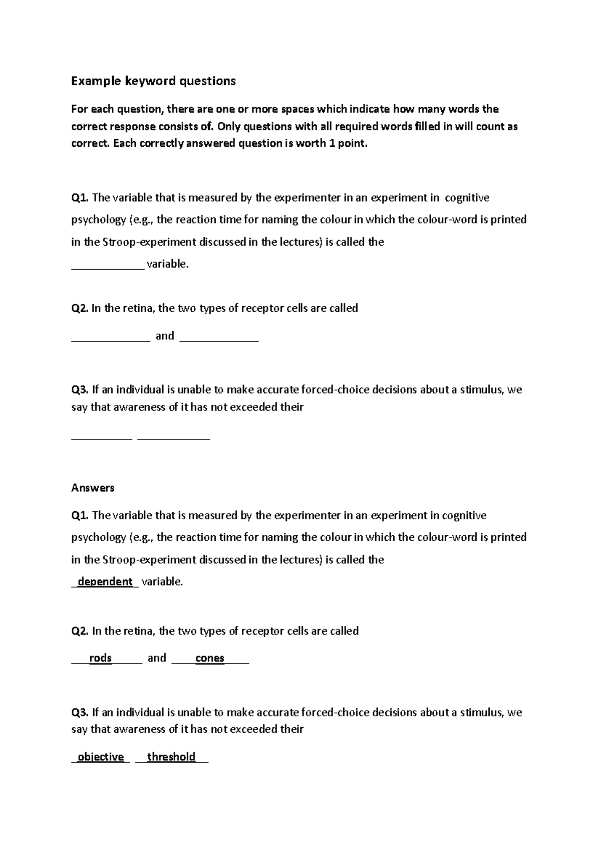 Cognitive Psychology (Psy 101) Q&A - Example Keyword Responses ...
