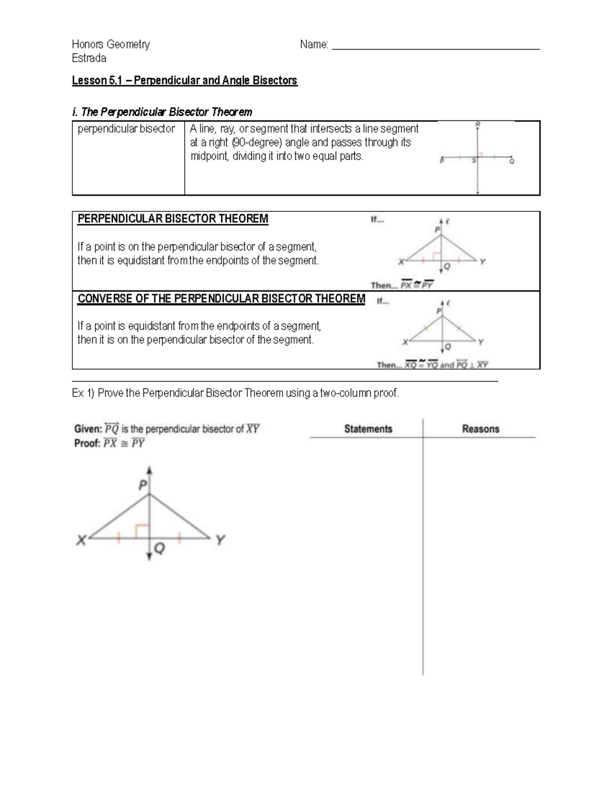 Honors Geometry Estrada: Lesson 5.1 Perpendicular & Angle Bisectors ...