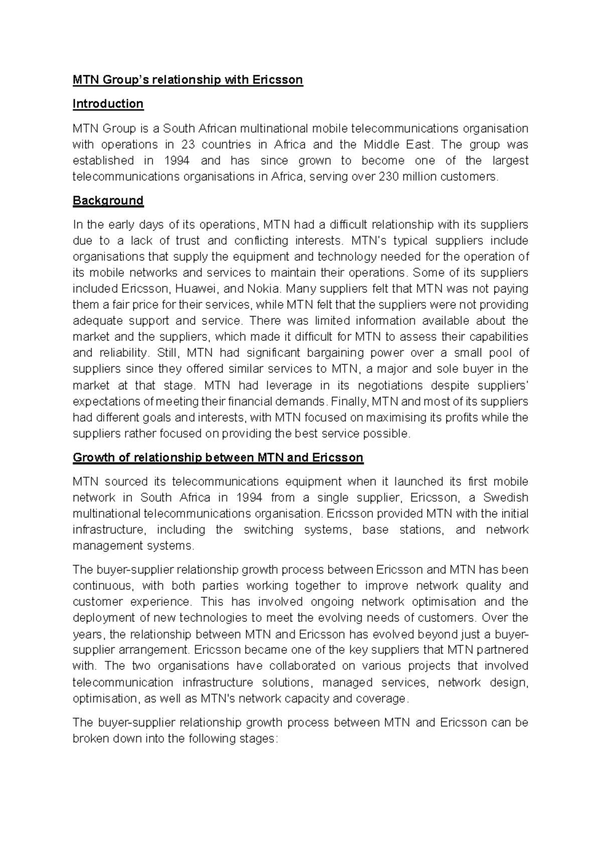 Case study MTN Groups relationship with Ericsson - MTN Group’s ...