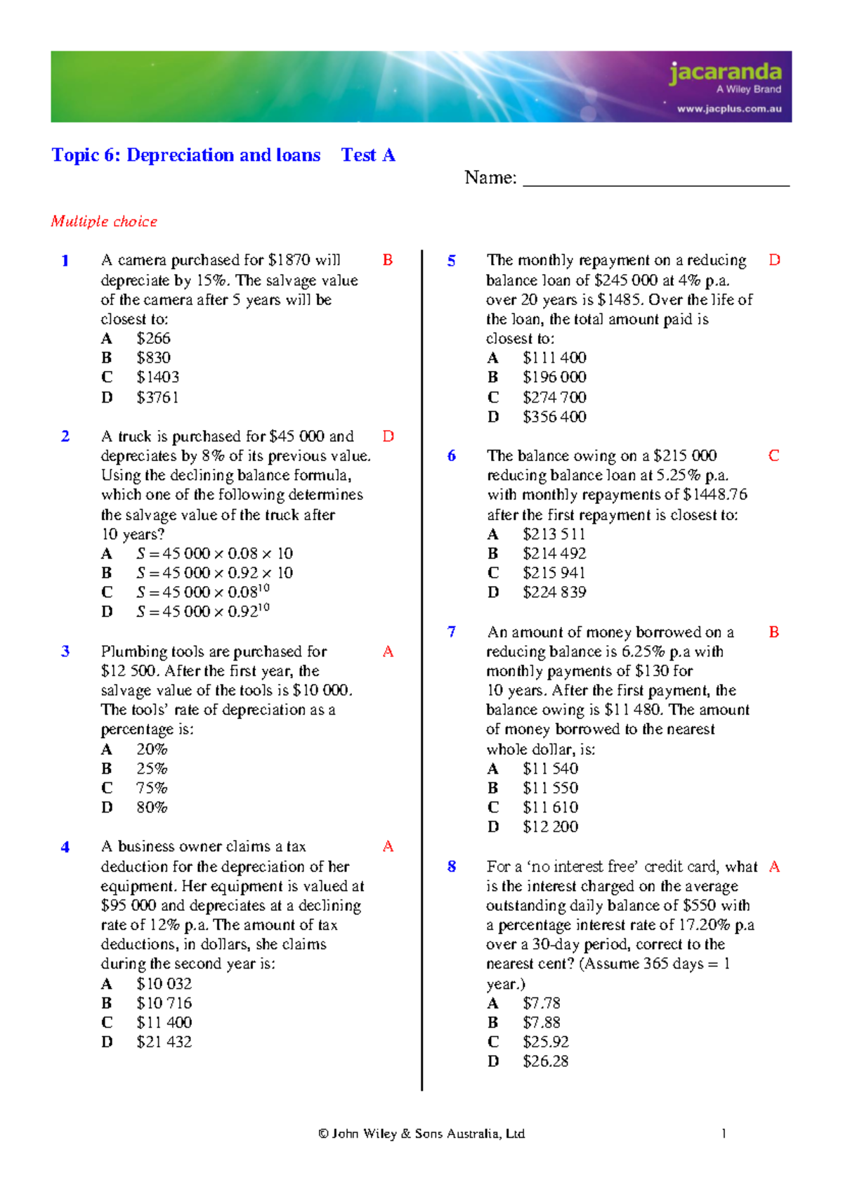 Depreciation & Loans Test A: Multiple Choice Questions - Studocu